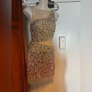 JOVANI Dress Formal Beaded Prom Sheer Nude Silver Illusion Mesh Gown rhinestone